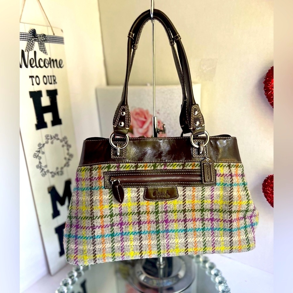 Coach Multicolor Plaid Shoulder Bag with Brown Leather